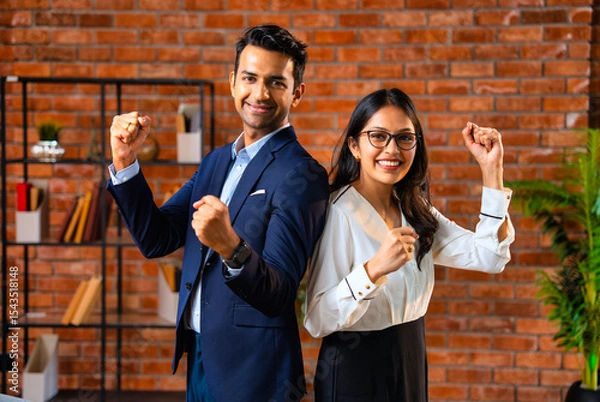 Fototapeta Posing with success and smiling confidently, Indian business professionals stand in office together