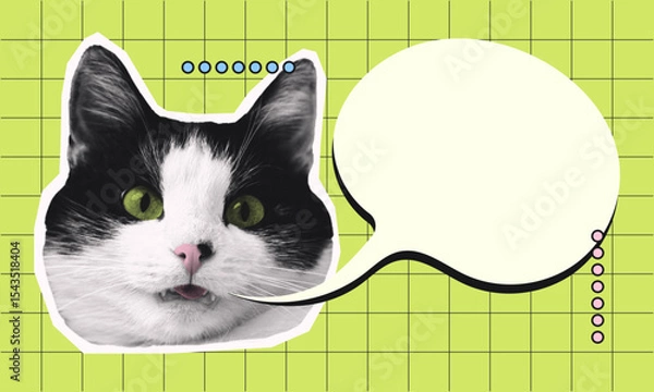 Fototapeta Pop Art halftone Cat with Speech Bubble on Green Grid Background