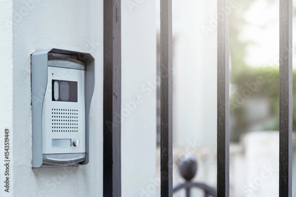 Fototapeta A intercom control panel is mounted on a white wall beside a wrought iron gate, showing a sleek design for entry communication