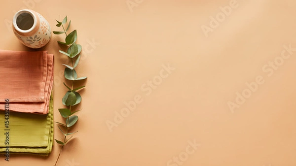 Fototapeta Minimalist Autumn Table Setting with Ceramic Vase and Eucalyptus on Peach Background