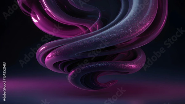 Fototapeta Futuristic swirl of glossy magenta and violet ribbons with sparkling texture on dark background
