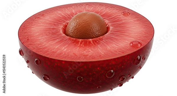 Obraz A cross-section of a ripe red fruit with a single seed and water droplets
