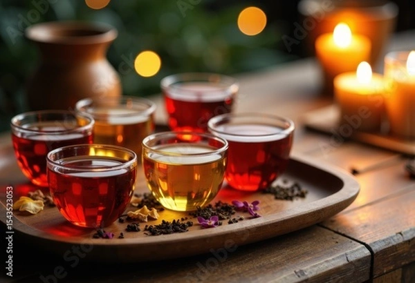 Fototapeta Assorted herbal teas served in glass cups on a rustic wooden tray with candles in the background