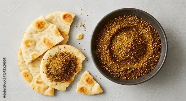 Fototapeta Top view of Duqqa (spiced dipping powder) with flatbread pieces, bowl placed at right third, clean neutral setup