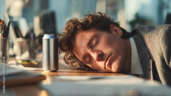 Fototapeta Exhausted businessman sleeping on desk next to energy drink can in modern office. Can mockup, workplace fatigue, burnout, and caffeine dependence