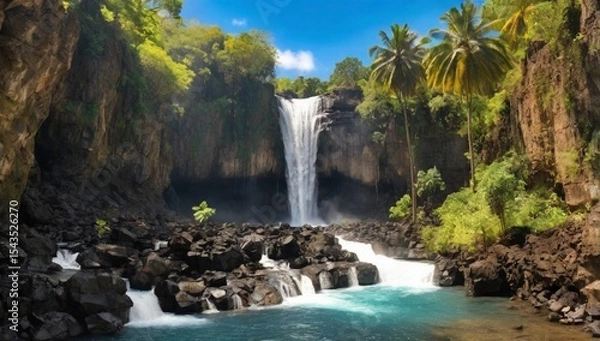 Fototapeta Rochester falls on the island of Mauritius. Waterfall in the jungle of the tropical island of Mauritius. Hidden treasure Rochester falls in Mauritius Island. Rochester Falls in Souillac Mauritius.