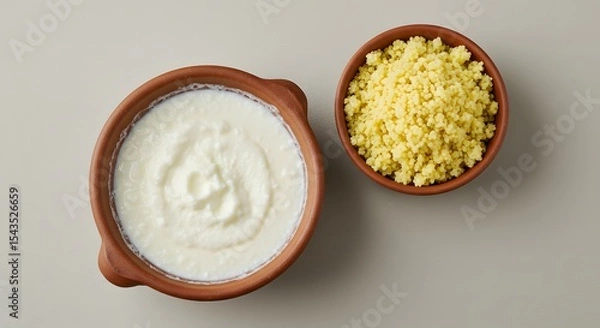 Obraz Top view of sour milk (lait caillé) served with millet porridge, bowl placed at lower left third, minimalist neutral background.