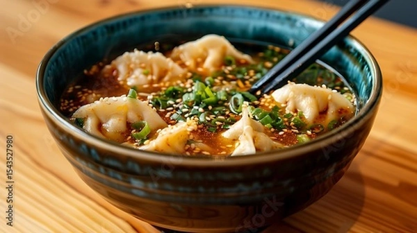 Fototapeta Spicy dumpling soup with sesame seeds and green onions