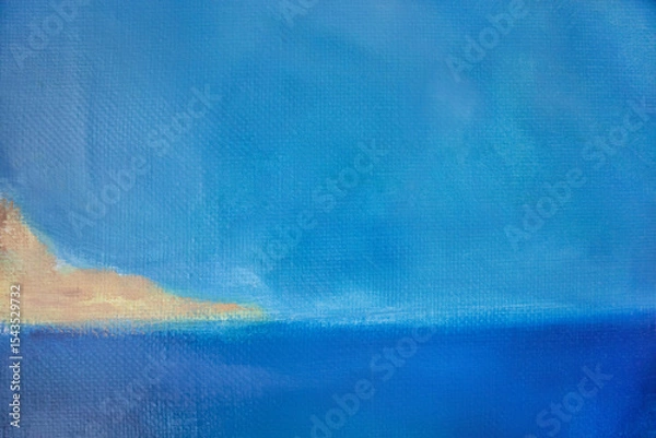 Fototapeta Abstract background. Laconic seascape with land on skyline. Original painting turquoise blue water surface with space for text.