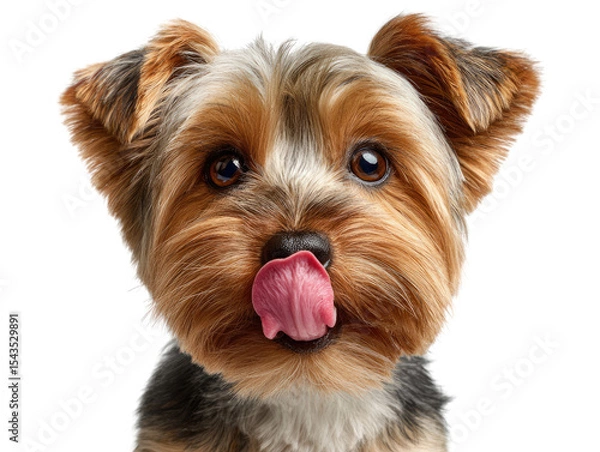 Fototapeta Yorkshire Terrier with Tongue Out: A close-up, adorable Yorkshire Terrier, captured in a studio environment with its tongue playfully sticking out, showcasing the dog's unique charm.
