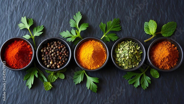 Obraz Assortment of Spices and Herbs in Bowls on Dark Background
