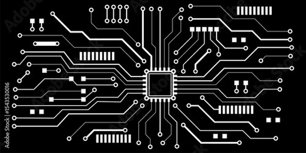 Fototapeta Circuit board design with electronic pathways and microchip