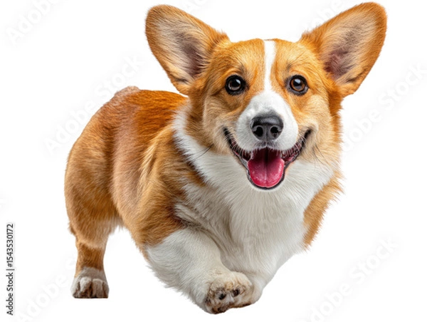 Fototapeta Happy Corgi: A cheerful corgi dog races into the frame, tongue lolling out with pure joy and enthusiasm, a perfect embodiment of canine happiness.