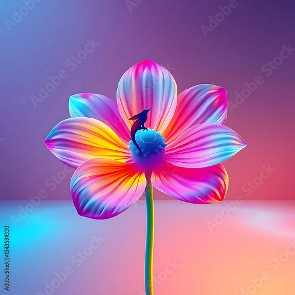 Fototapeta Vibrant Neon Flower with Abstract Colors and a Small Silhouette, 4k