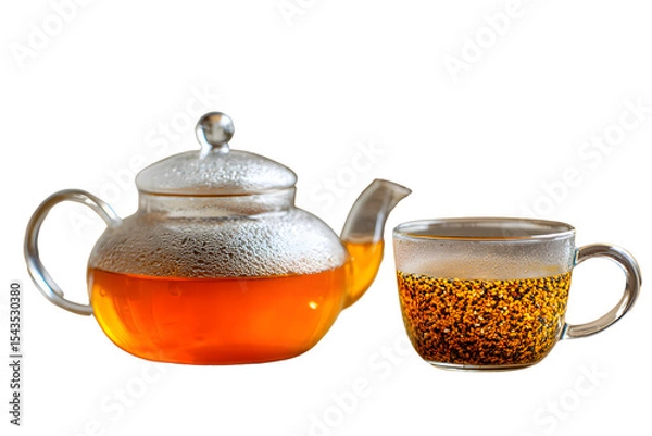 Fototapeta Glass teapot and cup of tea on transparent background