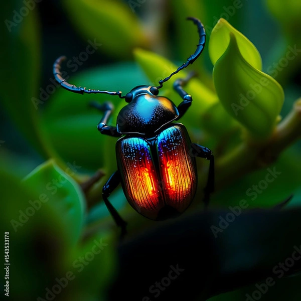 Fototapeta Close-up of a Beetle with Glowing Iridescent Blue and Red Shell, 4k