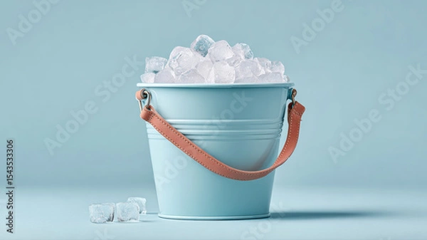 Fototapeta A blue metal bucket filled with ice cubes stands on a matching blue surface, with a few ice cubes scattered beside it.