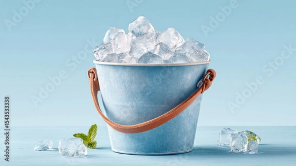 Fototapeta A blue metal bucket filled with ice cubes sits on a light surface, with a few ice cubes and mint leaves scattered beside it against a light blue background.