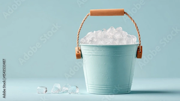 Fototapeta Light blue metal bucket filled with ice cubes, with condensation on its surface, set against a matching blue background.