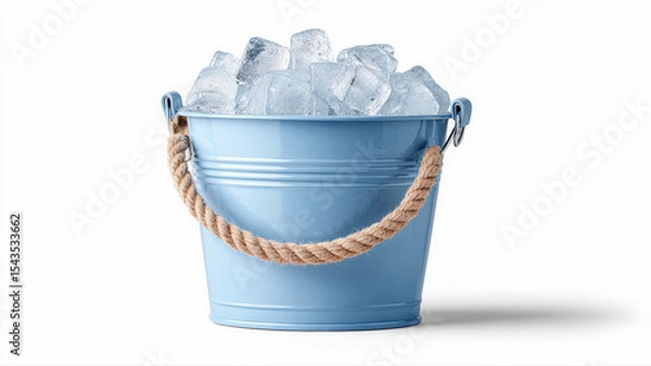 Fototapeta A light blue metal bucket filled with ice cubes, featuring a thick rope handle, isolated on a white background.