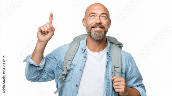 Fototapeta A smiling bald man with a beard wearing a backpack and denim shirt points upward, looking excited and hopeful.