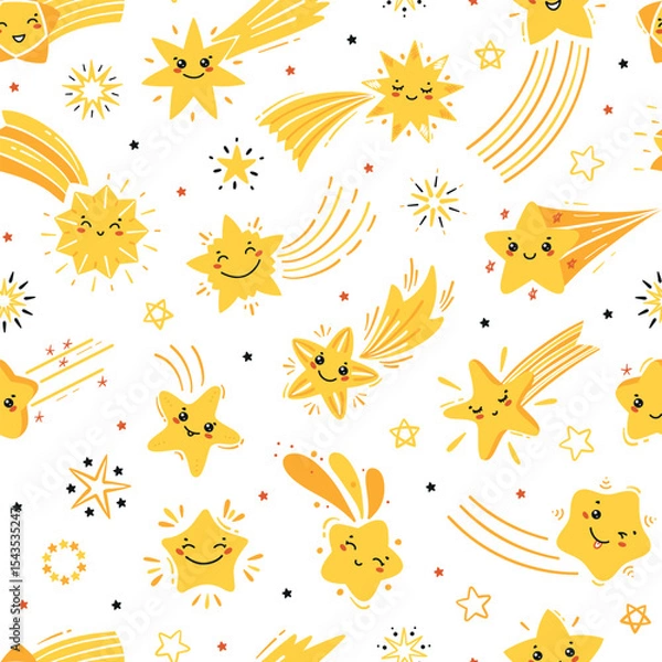 Fototapeta  Cute Shooting Star Vector Seamless Pattern. Baby Background with Yellow Little Falling Stars. Cartoon Comets for Children's Wallpaper, Holiday or Birthday Party Design. Kawaii Characters for Kids