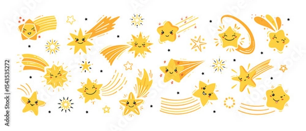 Fototapeta Cute Shooting Star Icons Vector Big Set. Yellow Little Falling Stars. Cartoon Comets Collection for Holiday or Birthday Party Design. Kawaii Characters for Kids