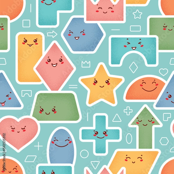 Fototapeta Colorful Cute Geometric Shapes Stickers Vector Seamless Pattern. Baby Background with Variety Happy Kawaii Characters. Fun Educational Design for Preschool, Back to School, Kids Learning
