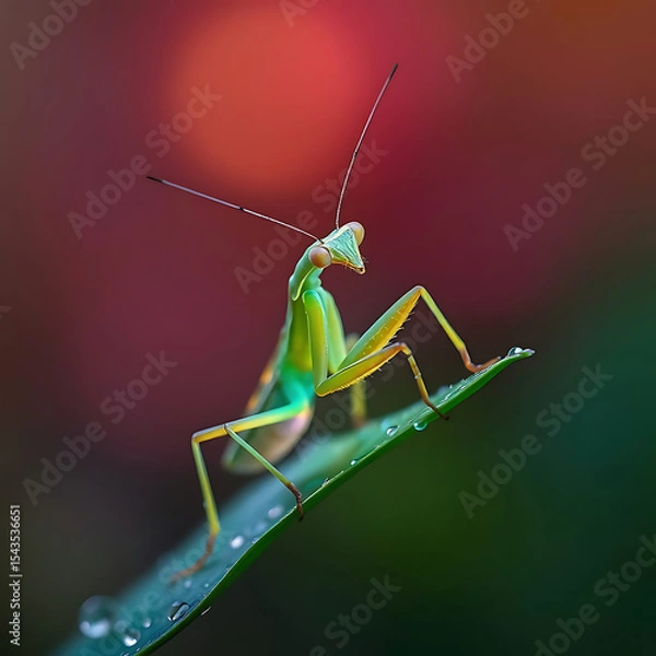 Fototapeta Close-up of a Green Praying Mantis on a Dewy Leaf, 4k