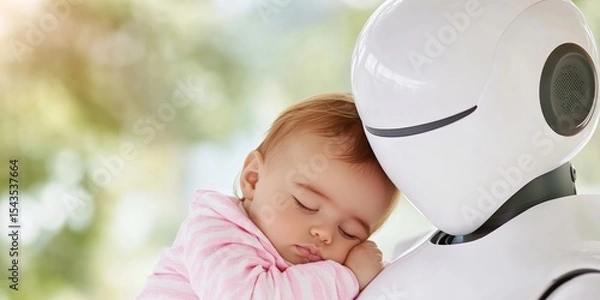 Fototapeta Sleek white humanoid robot cradling sleeping baby in arms. Concept of AI helper, future parenting