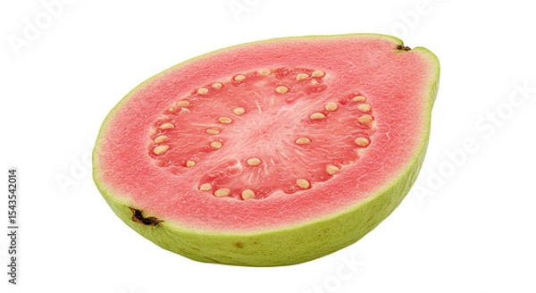 Obraz A close-up image of a half-cut guava fruit with pink flesh and seeds