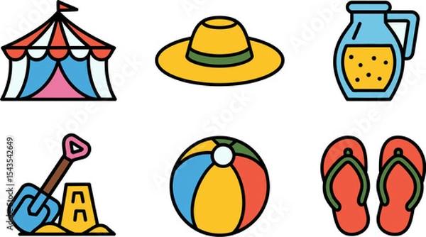 Fototapeta Simple beach item collection featuring tent hat jug ball shovel and flip flops in bright flat summer style  