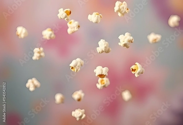 Fototapeta A whimsical image of popcorn pieces floating in the air against a vibrant background, like a celebration. 