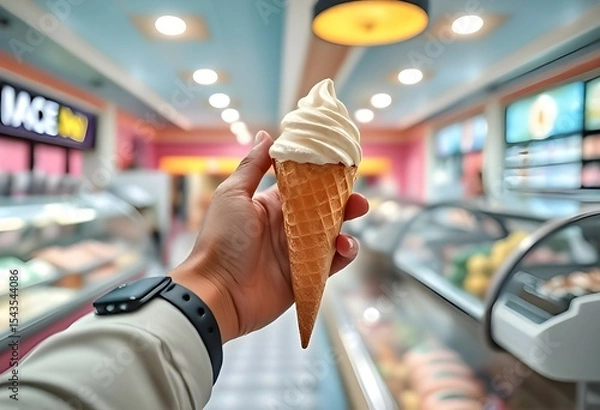 Fototapeta A person's hand holding an ice cream cone from a display in an ice cream parlor, with a clear view of the background.