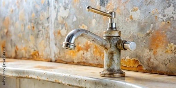 Fototapeta A weathered metallic faucet on a rusty surface against a mottled wall