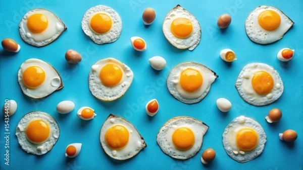 Fototapeta A vibrant flat lay showcasing a delightful arrangement of fried eggs and whole eggs, aesthetically positioned on a bright blue background.