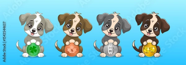 Fototapeta Vector collection of cartoon lucky sitting cute funny smiling puppies with coins. Green four-leaf clover, bronze Canadian dollar, silver bitcoin and gold dice. Set cuddly toon doggies stickers