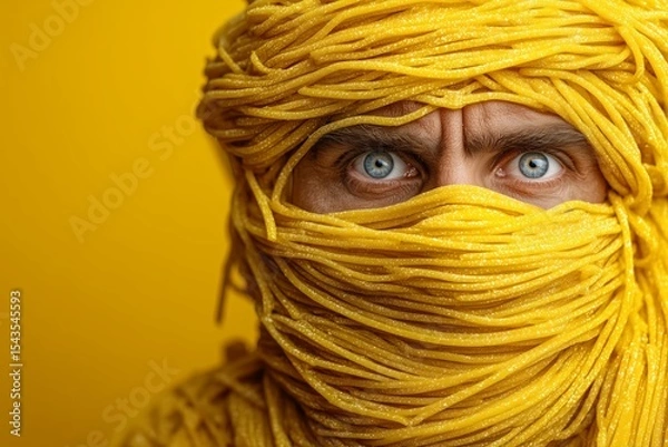 Fototapeta Man stares intensely, wrapped in yellow pasta like a turban on vibrant background, creating a surreal and humorous visual. For concepts involving food art, satire, or imaginative advertising.
