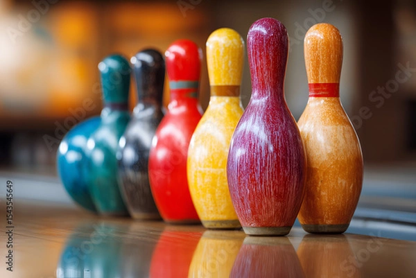 Fototapeta Colorful bowling pins lined up on the floor in front of one another