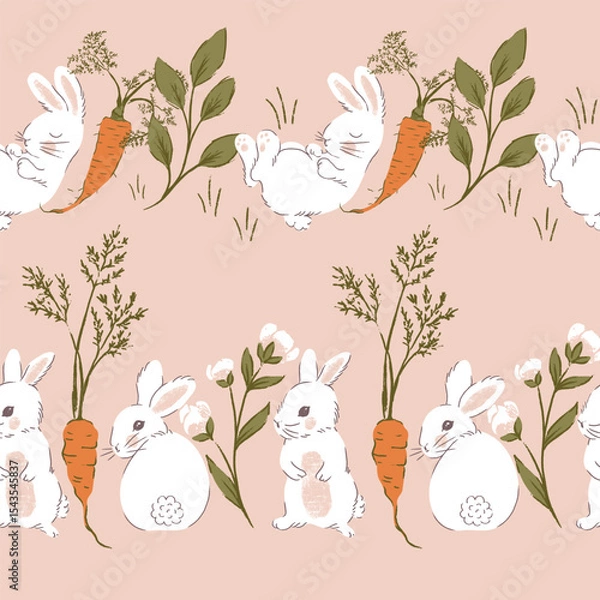 Fototapeta Cute Rabbits and Carrots Vector Seamless Pattern