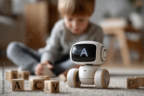 Fototapeta Young boy learning alphabet with AI robot and wooden blocks at home. Concept of early education, smart toys, and artificial intelligence in child development