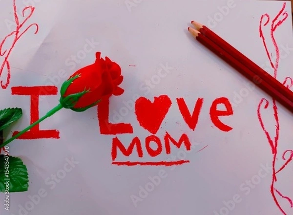 Fototapeta Mother's day, a short message in red color "I love mom" on a white paper background.