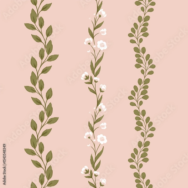 Fototapeta Delicate Green Leaves and White Flowers Vector Seamless vertical Borders Set