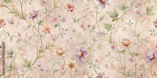 Fototapeta Distressed floral wallpaper with intricate vines and blooming flowers in shades of pastel pink, lavender, and peach, with subtle texture and aged patina, floral pattern, botanical