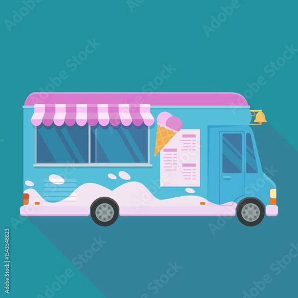 Fototapeta Side view of a blue and pink ice cream truck in flat design style on blue background with long shadow
