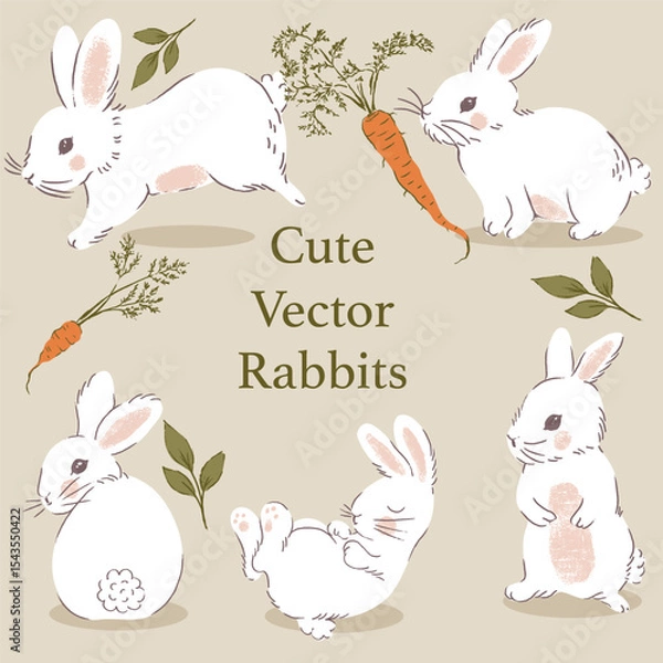 Fototapeta Cute White Rabbits with Carrots Vector Isolated Elements Set