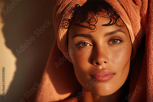 Fototapeta Close Up Portrait of Woman in Sunlight with Orange Towel and Soft Shadows