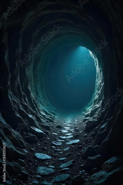 Fototapeta Mysterious, dark subterranean scene Deep shadows and rough textures create an ominous, underground atmosphere Perfect for horror, fantasy, or sci-fi projects , shadows, night, tunnel