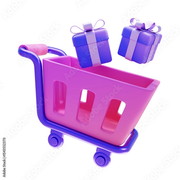 Fototapeta Shopping cart and gift box 3d render illustration, isolated on transparent background