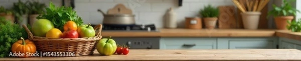 Fototapeta Rustic kitchen scene featuring a charming wicker basket overflowing with fresh produce, adding a touch of natural warmth and texture to the countertop , top view, retro